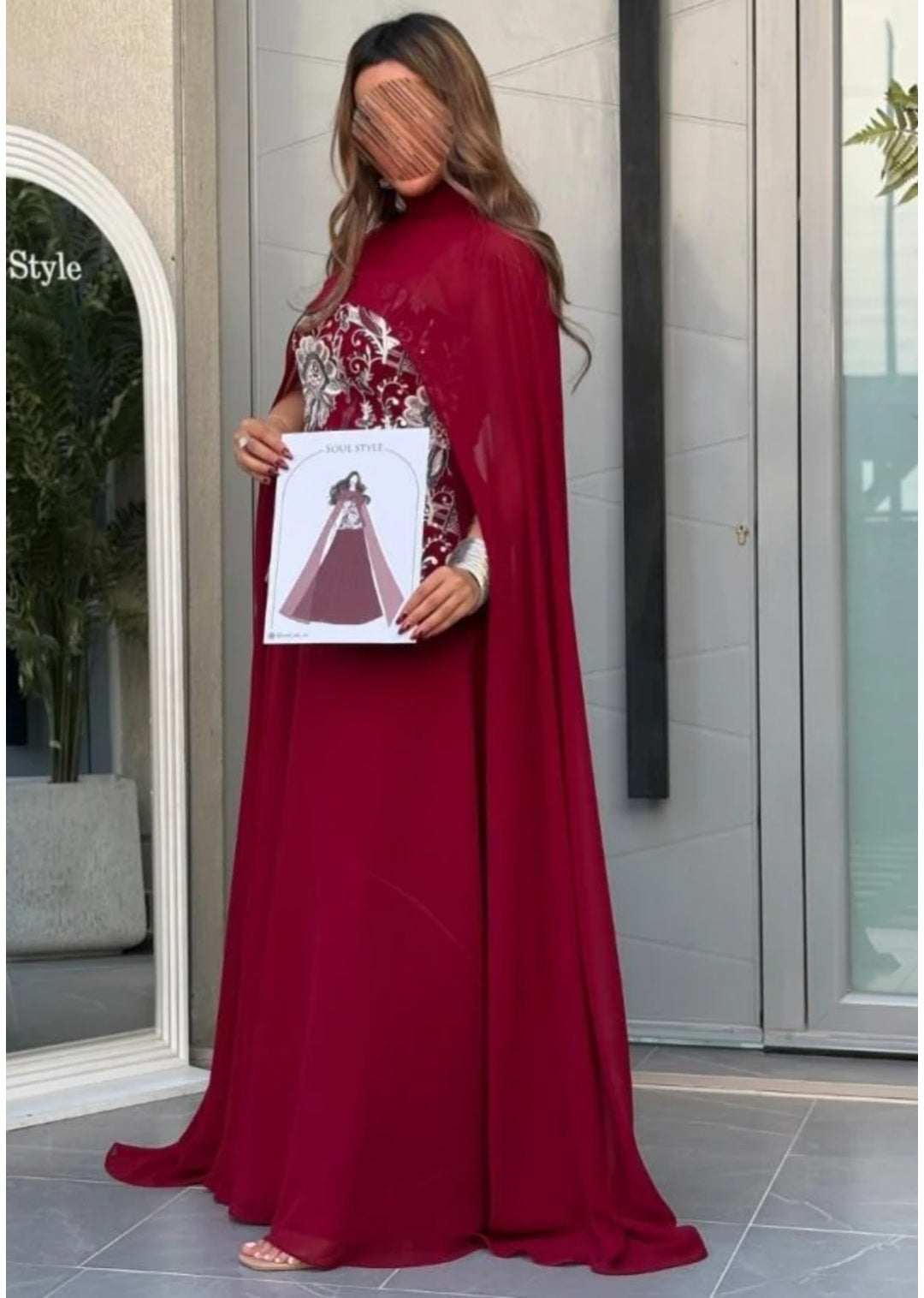 Elegant Maroon Embroidered Cape Gown