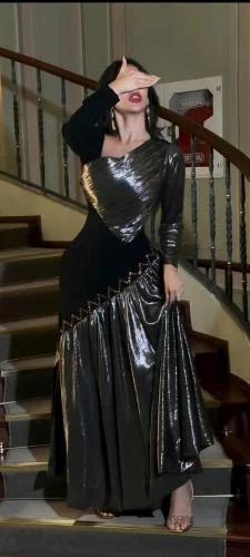 Glamorous black & metallic asymmetrical evening gown