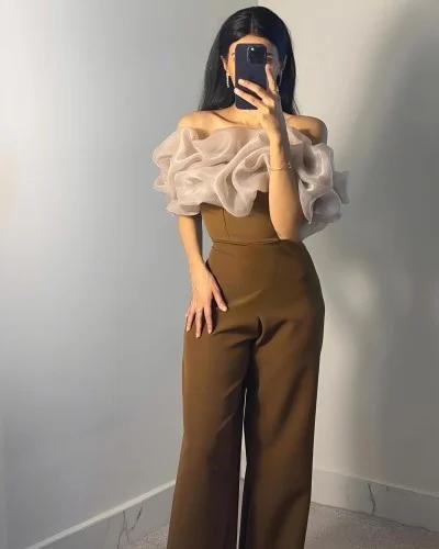 Elegant Off-Shoulder Jumpsuit with Ruffled Mesh Sleeves
