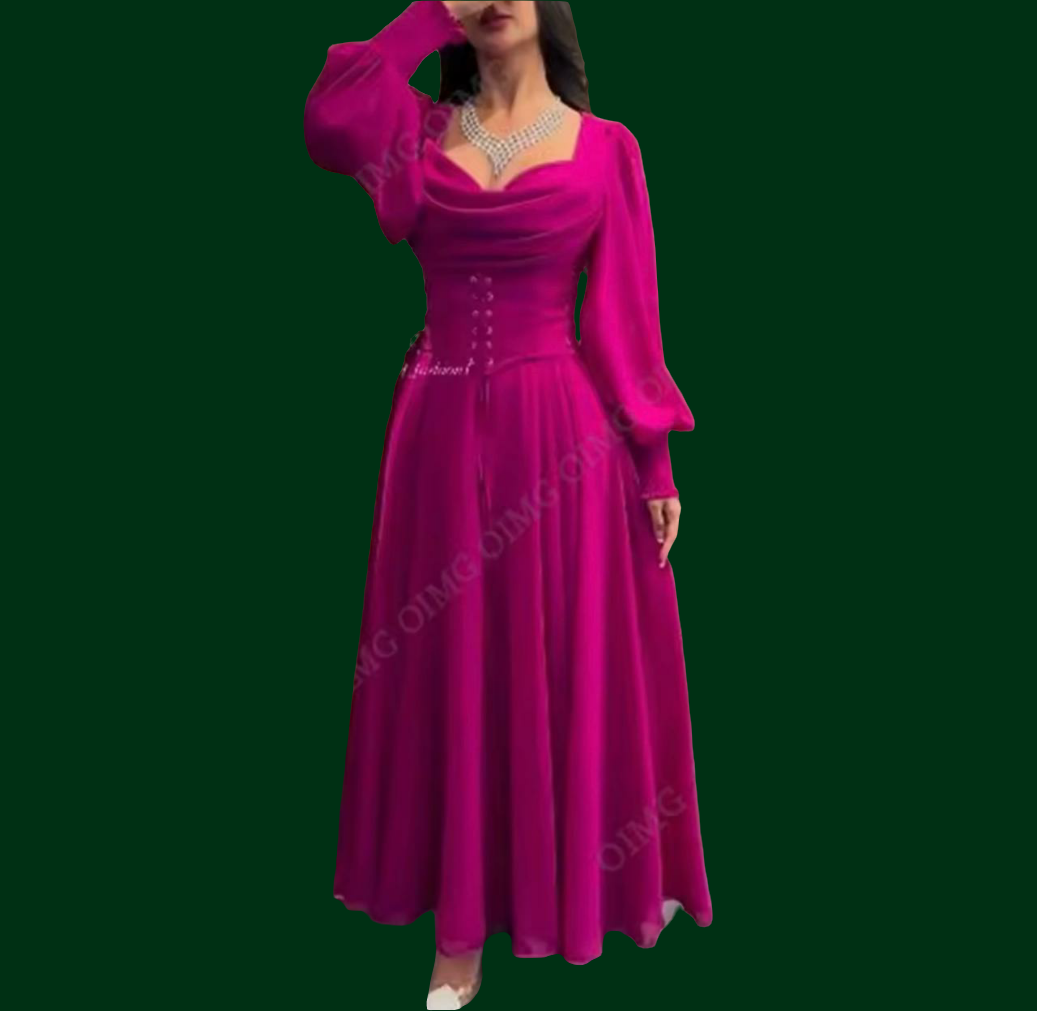 Elegant fuchsia long-sleeve corset maxi dress