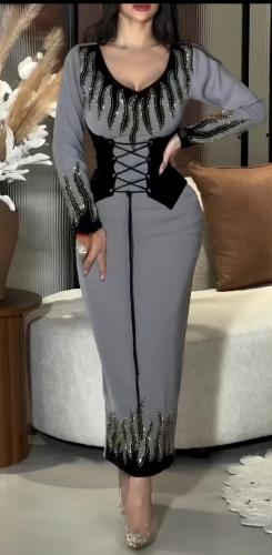Elegant Grey Cotset - Style Evening Dress With Sequin Detailing