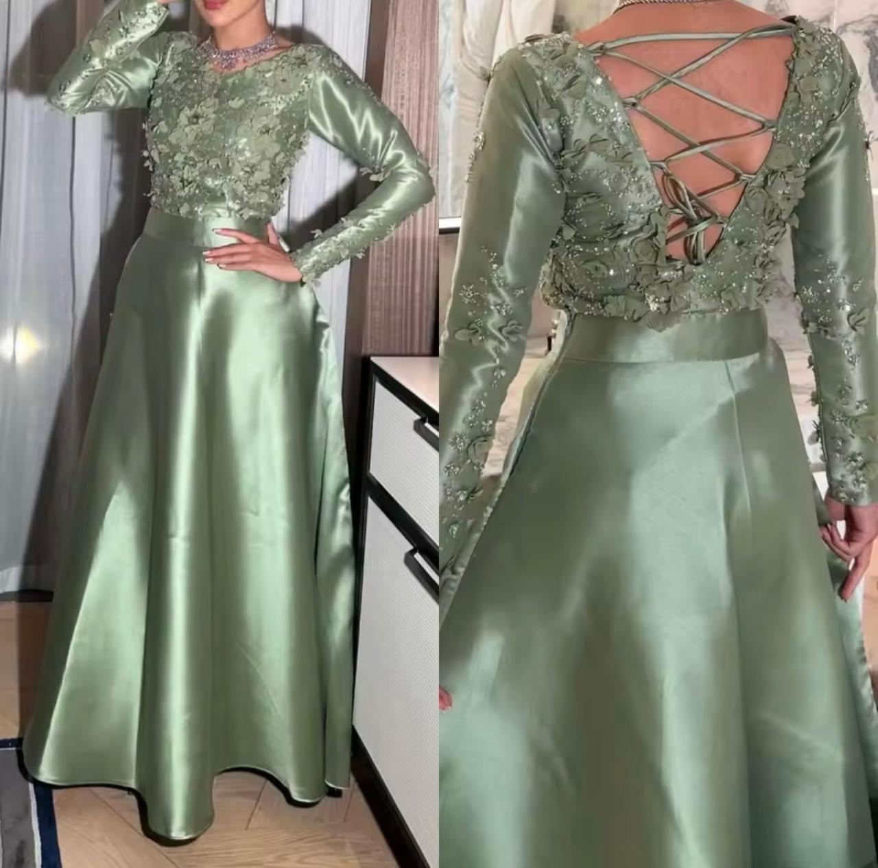 Elegant sage green satin gown with embroidered floral bodice