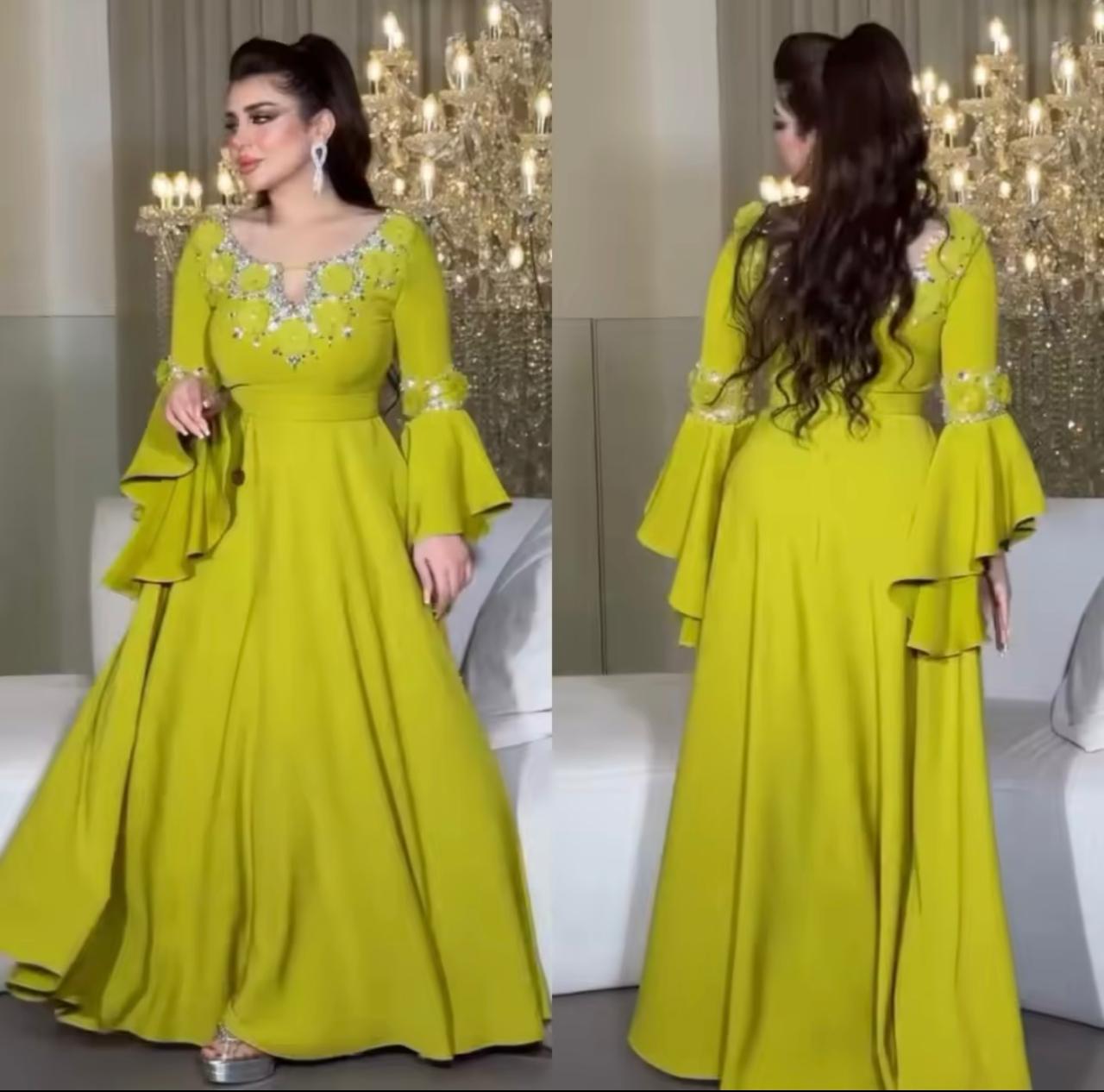 Elegant Lime Green Gown with Embellished Neckline and Flared Sleeves