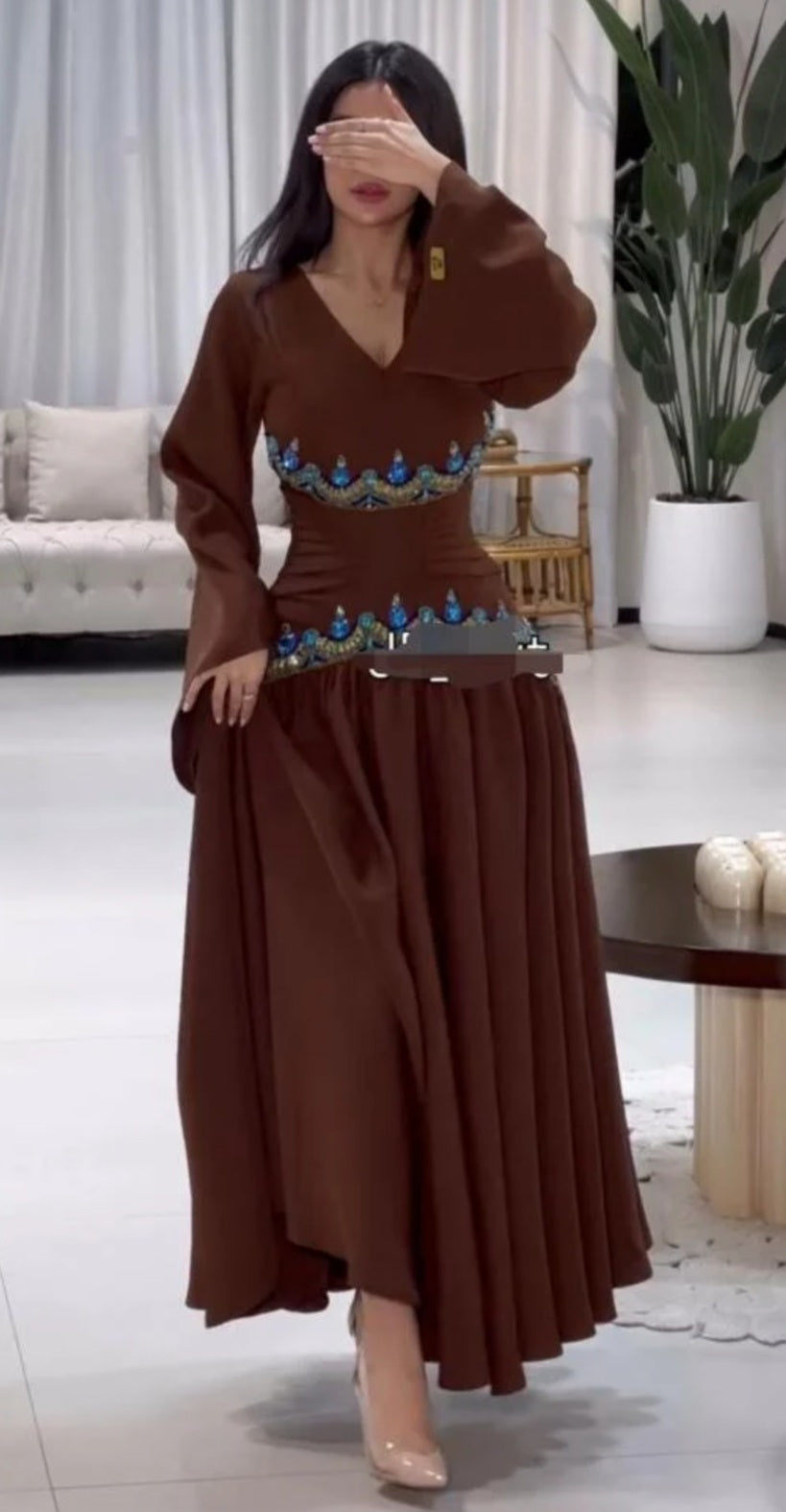 Elegant Brown Maxi Dress With Embellished Waist