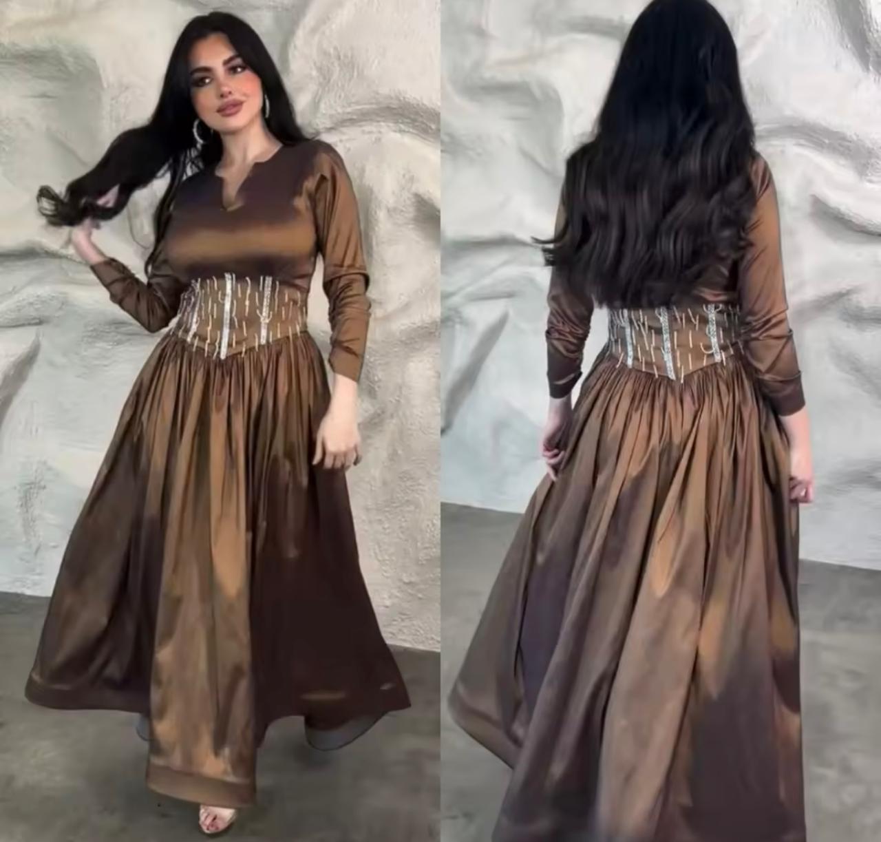 Elegant brown satin gown with embellished corset waist