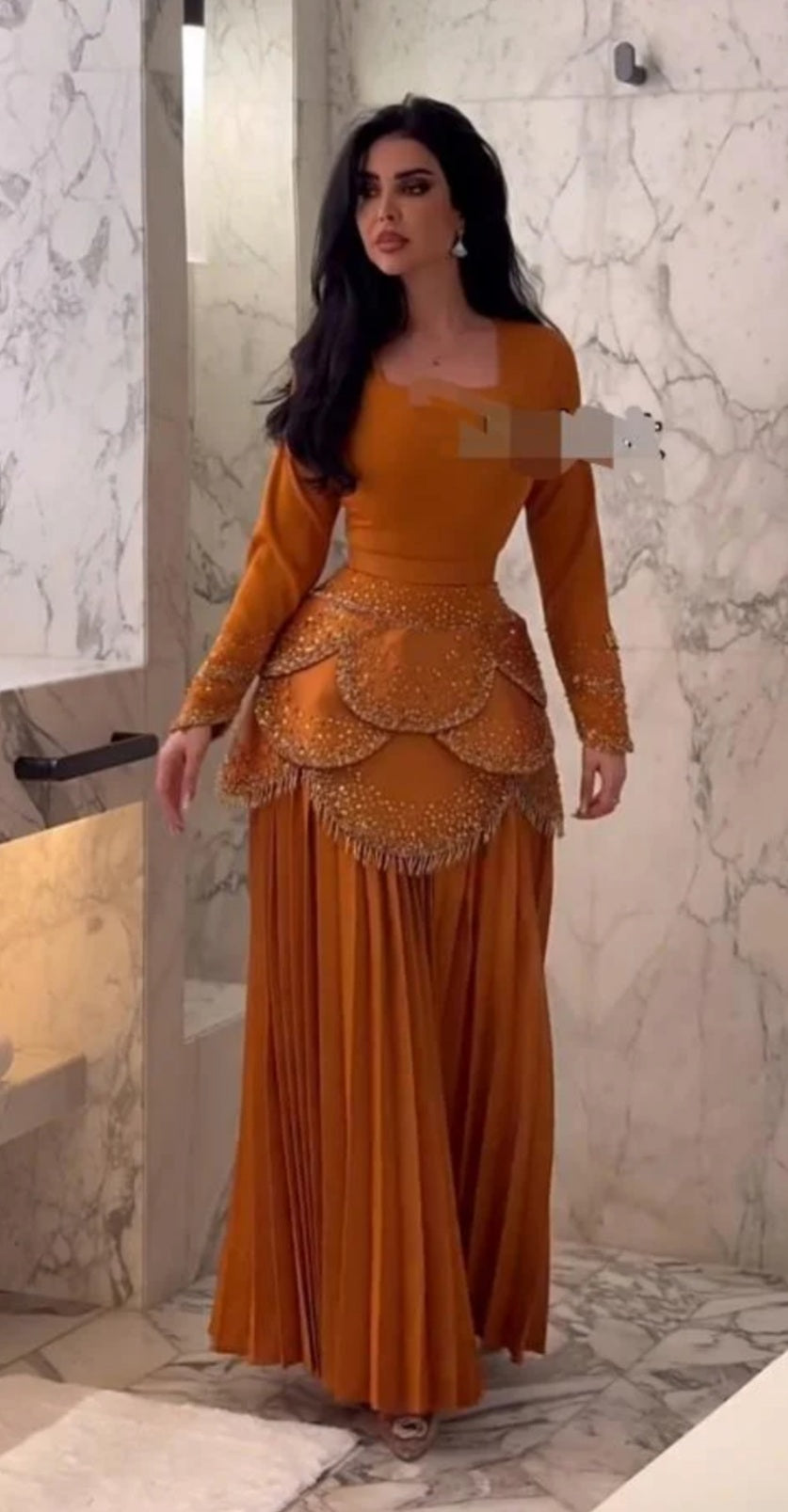 Elegant Burnt Orange Gown With Embellished Peplum Skirt