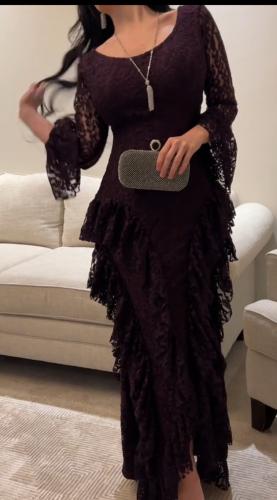 Elegant Dark Lace Raffled Evening Gown