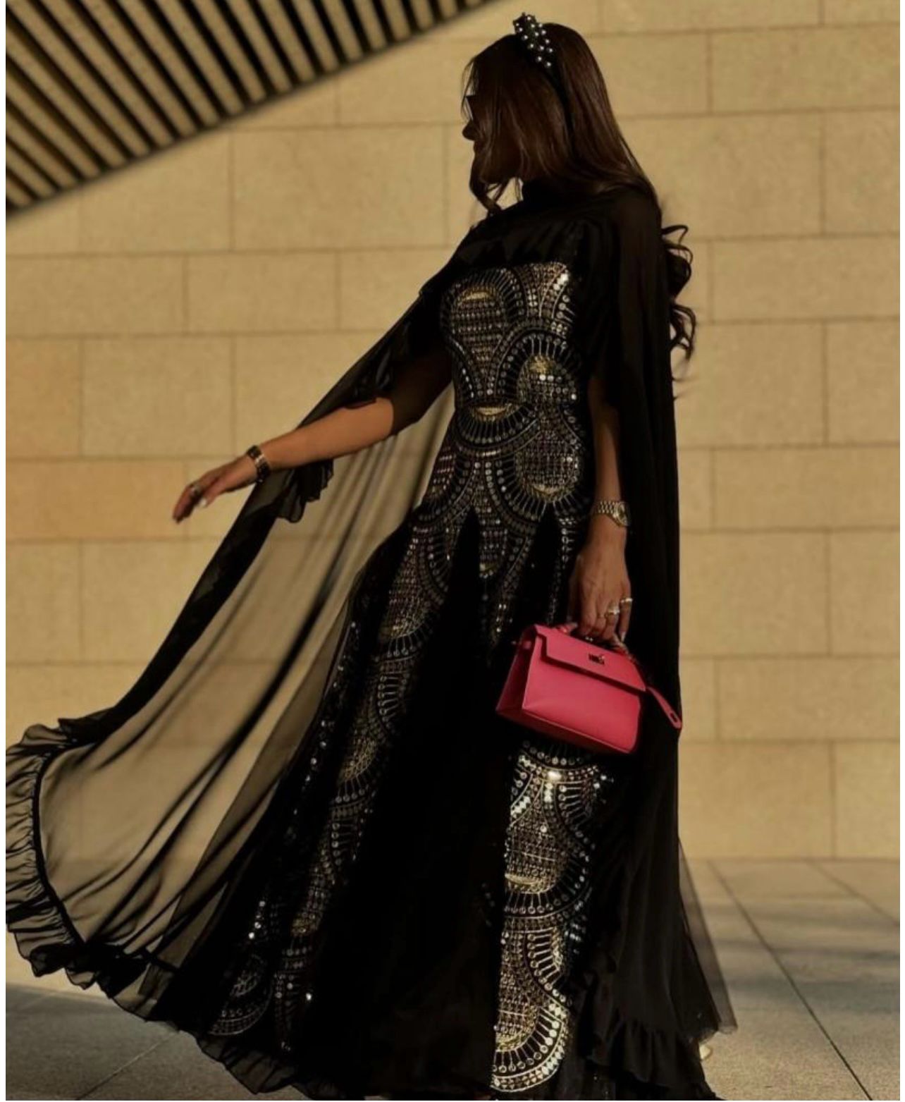 Elegant Black Cape Gown With Sequin Embellishments
