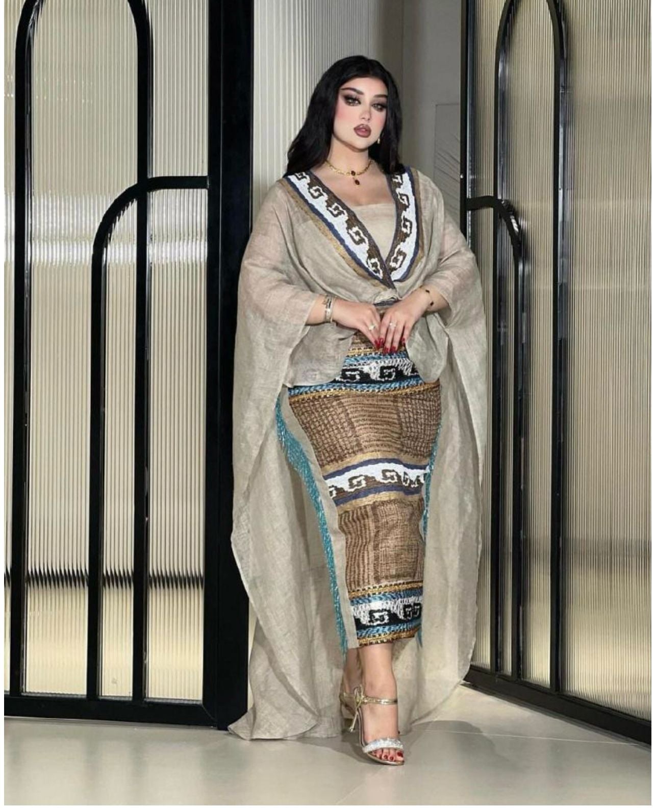 Elegant Kaftan-Inspired Embroidered Dress With Tribal Accents