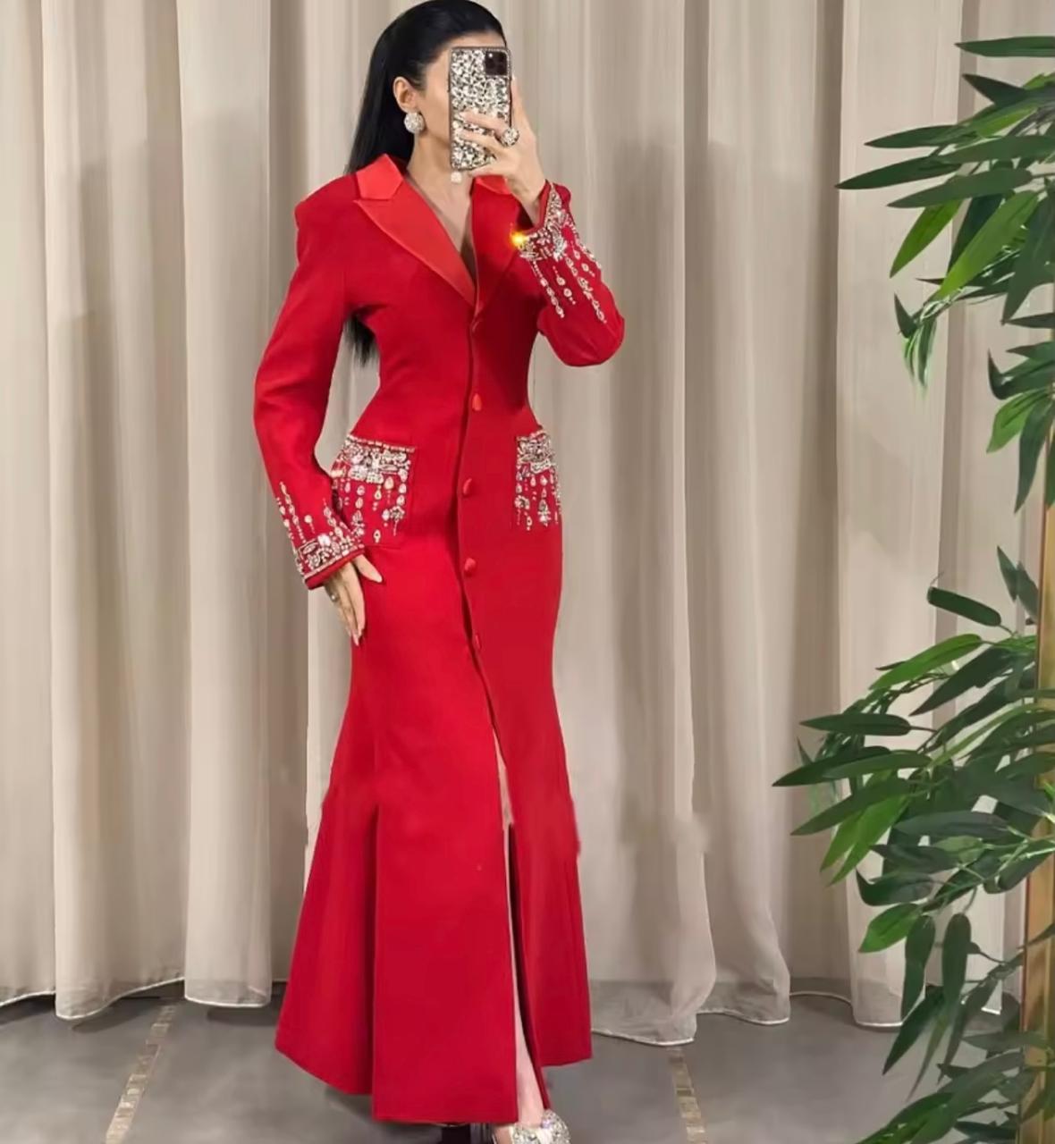 Elegant red blazer gown with crystal embellishments
