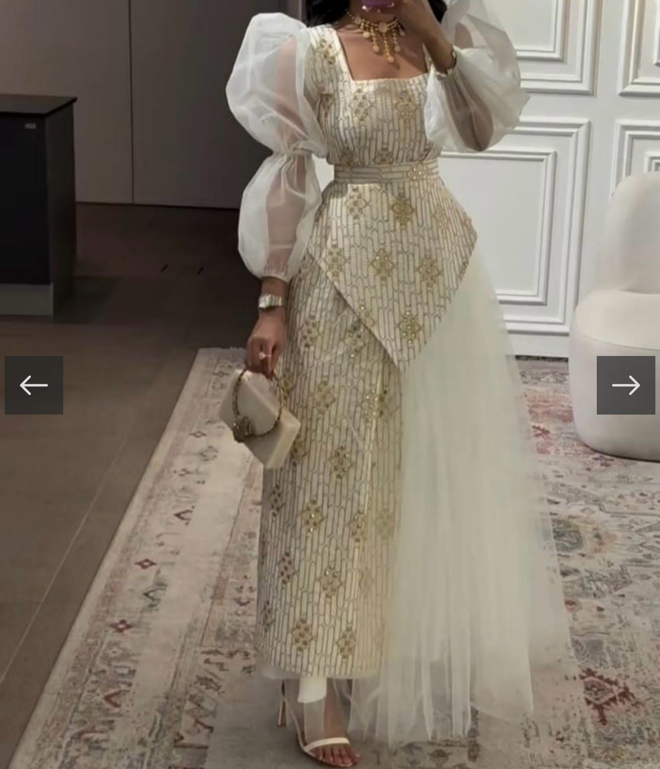 Elegant Gold Embellished Gown With Sheer Sleeves and Tulle Overlay